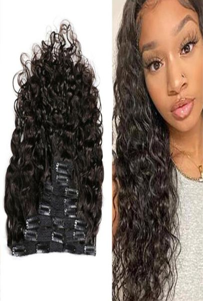 

water wave clips in hair extensions 120g full head 100 brazilian human hairs natural color9006447, Black