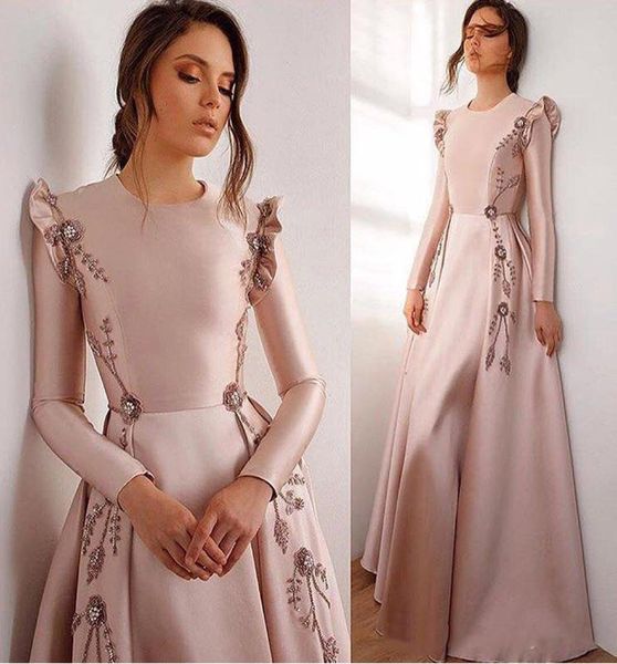 

blush pink muslim a line evening dresses jewel neck long sleeve beading formal gown floor length satin abric dubai evening gowns4994052, Black;red