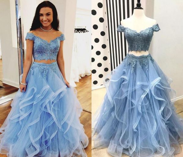 

elegant two pieces white gold prom dresses off the shoulder appliques lace tulle tiered fluffy light sky blue prom dresses4432610, Black