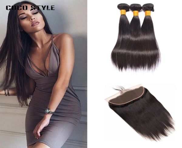

peruvian human hair lace frontal closure with bundles straight hair 3 bundles remy hair extensions natural black4299831, Black;brown