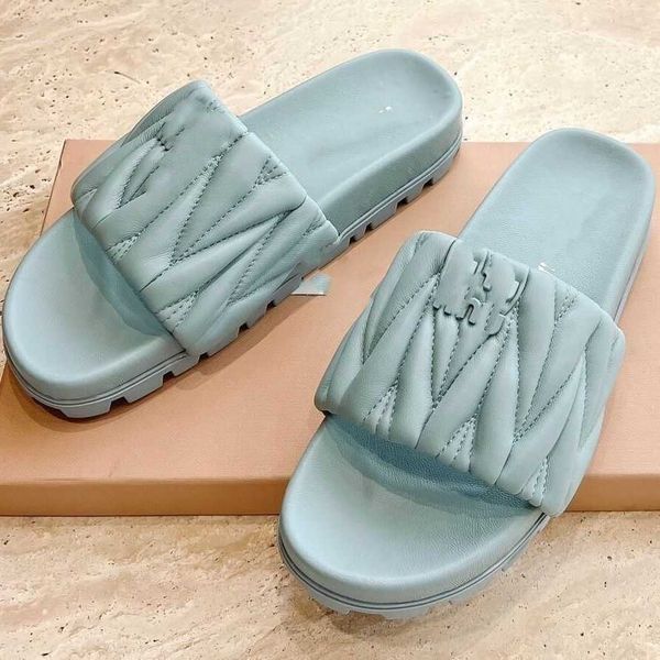 

designer mius beach sandals shoes women genuine slide leather high-end soft sole comfortable style word flip flop fashionable label versatil
