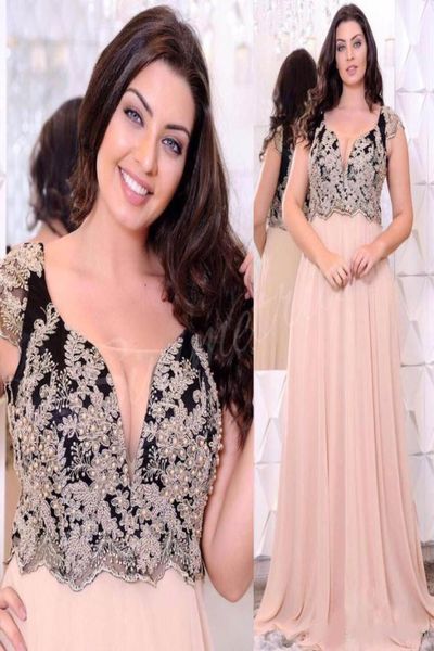 

champagne lace appliques plus size evening dresses deep vneck beaded a line prom gowns floor length chiffon formal dress8948622, Black
