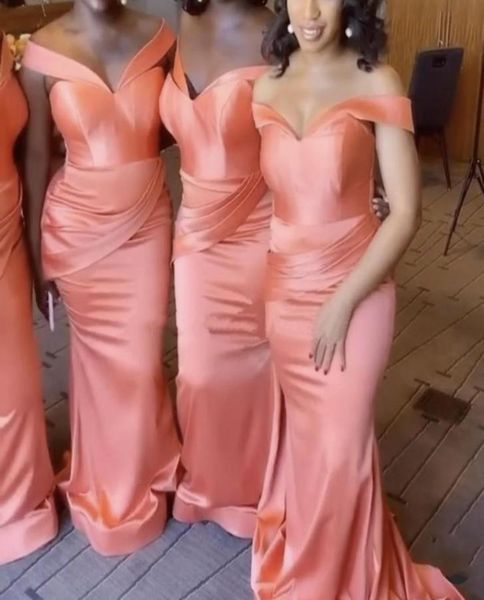 

coral bridesmaid dresses mermaid peplum 2021 satin ruched pleats elegant off the shoulder sweep train african plus size made of ho2605652, White;pink