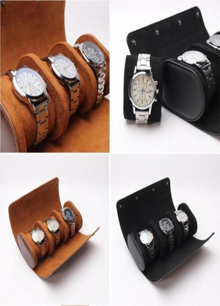 

3 slots watch boxes roll travel case portable leather watch storage box slid in out1415380, Black;blue