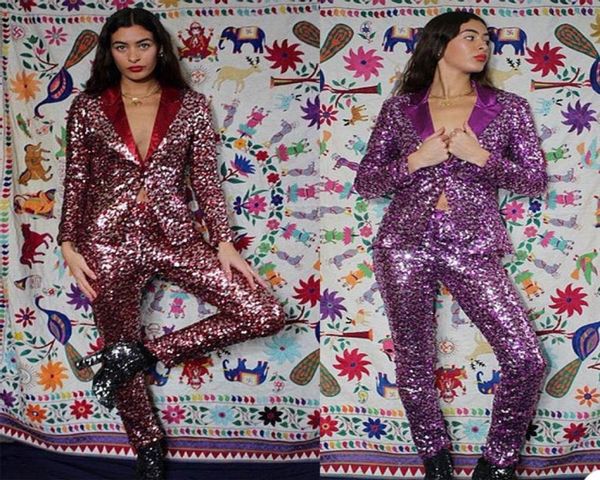 

purple sequined mother of the bride pants suit women ladies glitter evening party tuxedos formal work wear for wedding 2 pcs9126979, Black;red