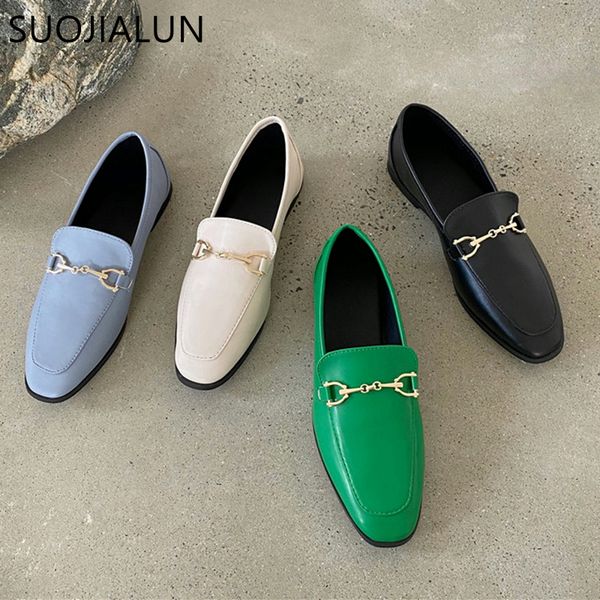 

dress shoes suojialun spring women slip on loafer autumn fashion british metal buckle flat shoes round toe green casual ballerina 230630, Black