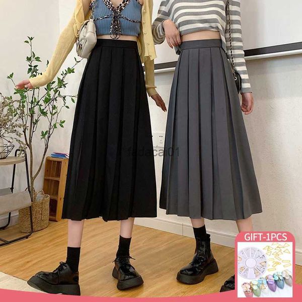 

2022 fashion long skirt high waist a line elastic waist pleated skirt elegant black coffee solid color maxi skirt for women girl l230621