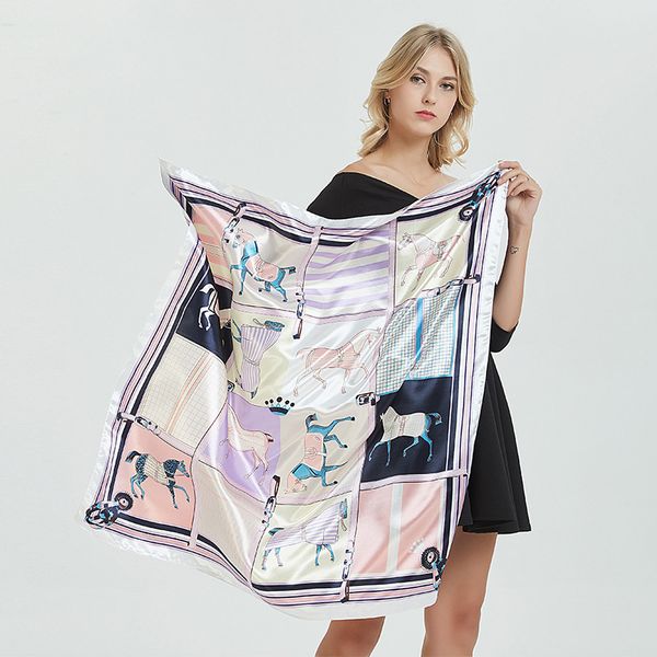 

fashion blogger designer jewelry large square scarf 90cm women's silk scarf satin imitation silk printed large shawl bandanas durag who, Blue;gray