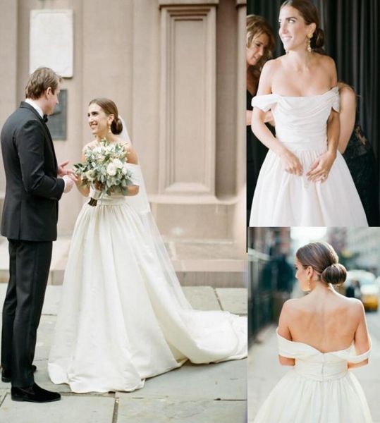 

simple white offtheshoulder ruffle draped wedding dresses vintage customize short sleeve zipper back sweep train bridal039s g9333957