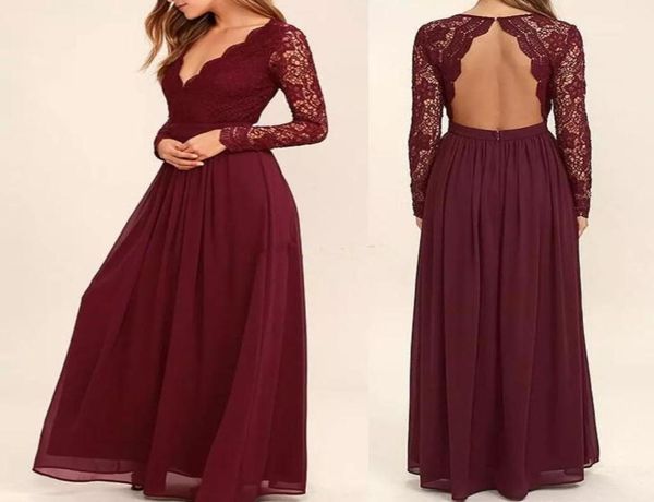 

burgundy chiffon lace bridesmaid dresses western country style vneck backless long sleeves lace wedding guest party pageant d5808972, White;pink