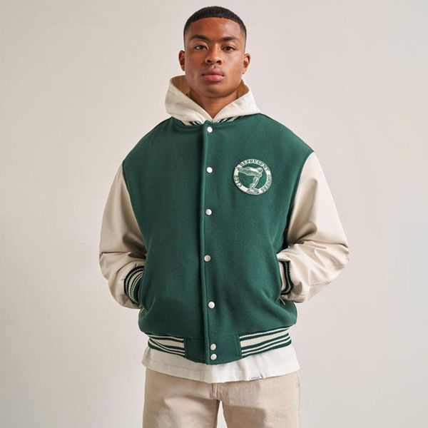 

Man Represent Designer Varsity Jacket Mens Baseball Jackets Embroidered Leather Sleeve Sportswear Coat, Green