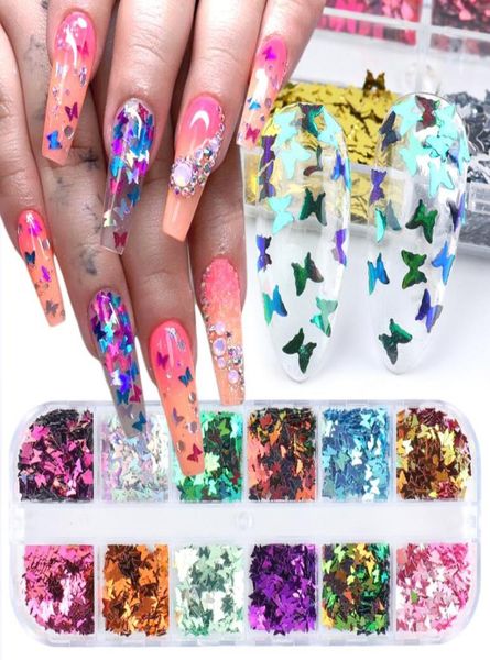 

butterfly nail sequins glitter chameleon 3d flakes slices sparkly maple leaf manicure decoration polish nail accessories nfshd8213323, Silver;gold