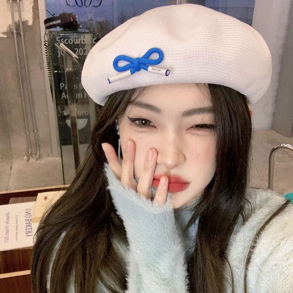 

berets design summer beret female thin section japanese hollow breathable korean version of wild knitted painter hat 230629, Blue;gray