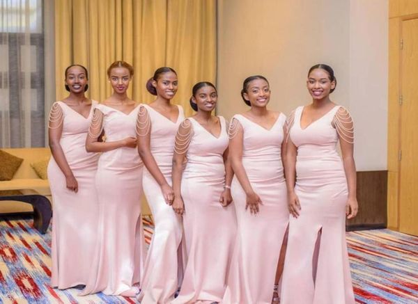 

african arabic light pink mermaid long bridesmaid dresses v neck satin side split wedding guest party gowns with tassel34010858225585, White;pink