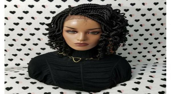 

dilys lace frontal short braids wigs for women synthetic lace front wig with curly tips baby hair1307298, Black