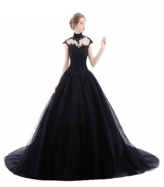 

2019 ball gown black gothic wedding dresses high neck lace tulle corset laceup back women non white bridal gowns with color custo2373363
