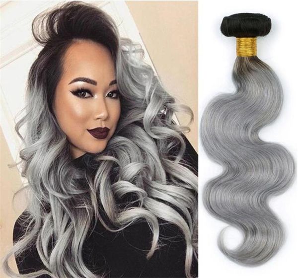 

brazilian ombre silver grey human hair wefts with closure body wave 1b gray ombre 4x4 lace frontal closure with virgin hair weave2003745, Black