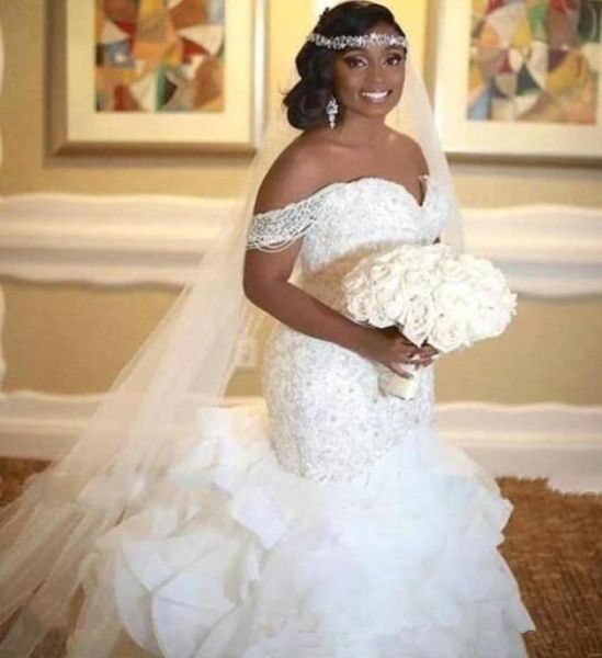 

elegant african mermaid wedding dresses beads shoulder 2021 ruffles off the shoulder pearls lace up back bridal gowns vestidos de 9030261, White