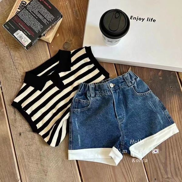

clothing sets summer black stripe little girls children set two 2 piece shorts denim baby clothes kids vacation outfits 230630, White