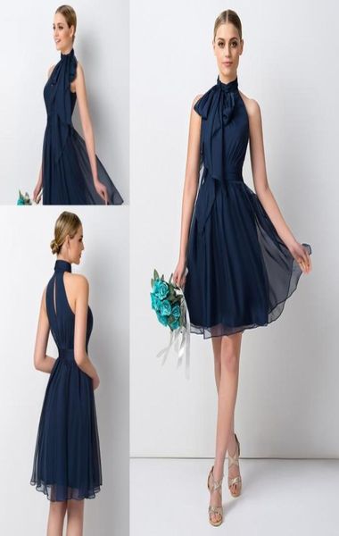 

navy blue short bridesmaid dress high neck chiffon maid of honor dress for junior wedding party gown9236978, White;pink