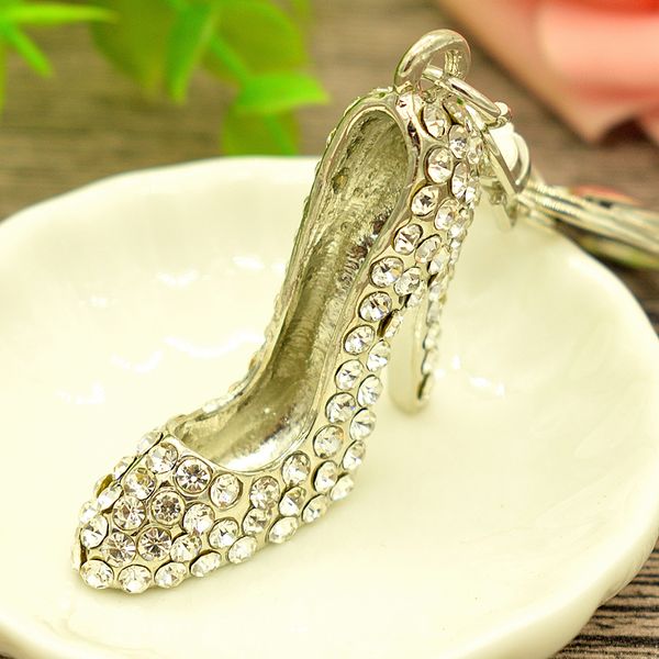 

fashion 3d high heels shoe crystal keychain for women rhinestone purse handbag car key chain bag accessories female alloy keyring, Slivery;golden