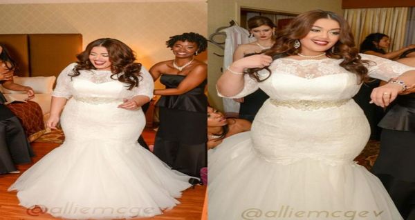 

lace plus size mermaid wedding dress half sleeves sheer illusion floor length sashes beads bridal gowns covered button1744569, White