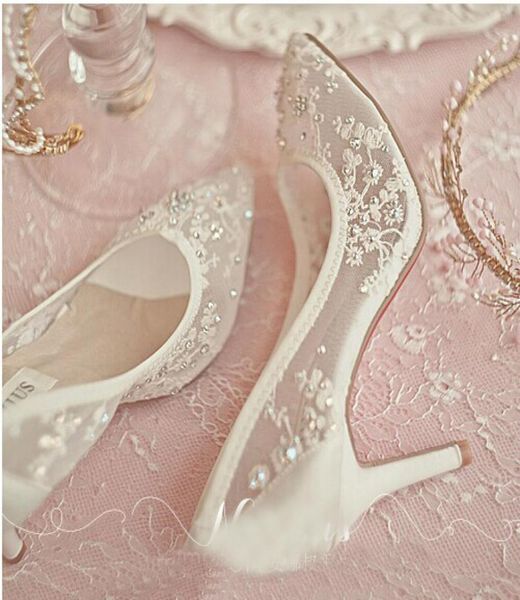 

beautiful high heel wedding shoes lace rhinestone spring bridal dress shoes hollow transparent pointed toe prom formal dress 3583288, Black