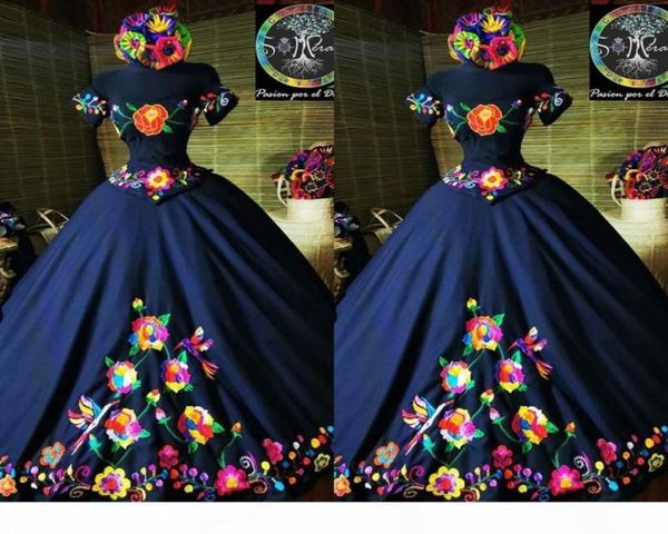 

2021 fashion charro mexico quinceanera dresses navy blue embroidered off the shoulder satin corset back sweet 15 girls prom dress 2303084, Blue;red