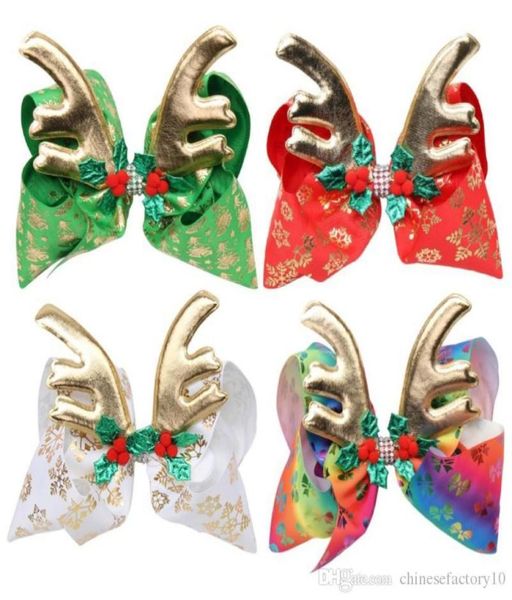 

67 inch kid jojo bow hair barrette clip with gold reindeer antler christmas snowflake rhinestone clips bowknot girl accessory bou5036744, Slivery;white