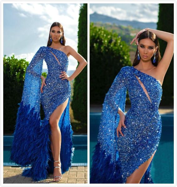 

aso ebi 2019 arabic royal blue mermaid sparkly evening dresses one shoulder feather prom dresses high split formal party second go4671229, Black