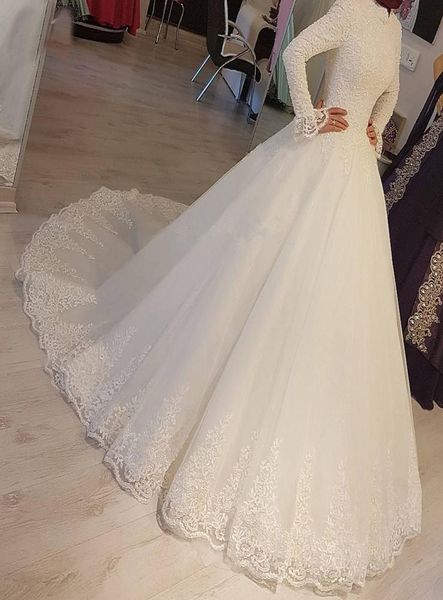 

2022 modest arabic muslim ivory wedding dress princess high neck long sleeve lace appliques islamic bridal dresses robe de mariage7082326, White