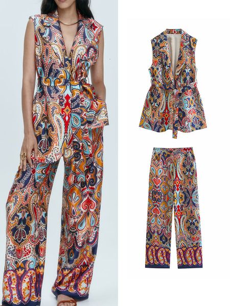 

women's tracksuits traf spring fashion print vest coat with belt two pieces long pants sets casual sleeveless jackets street outwear 23, Gray