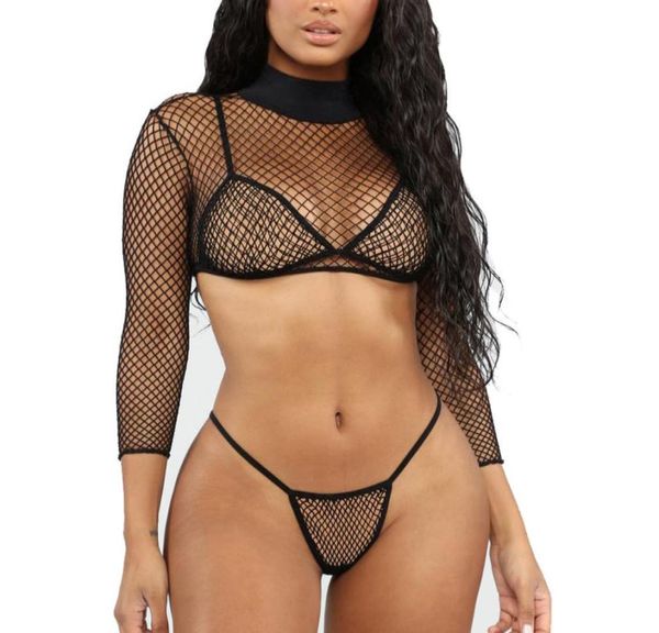 

perspective fishing net three piece full sleeve swimsuit micro bikini set push up thong women bathing suits beach swimwear6590645
