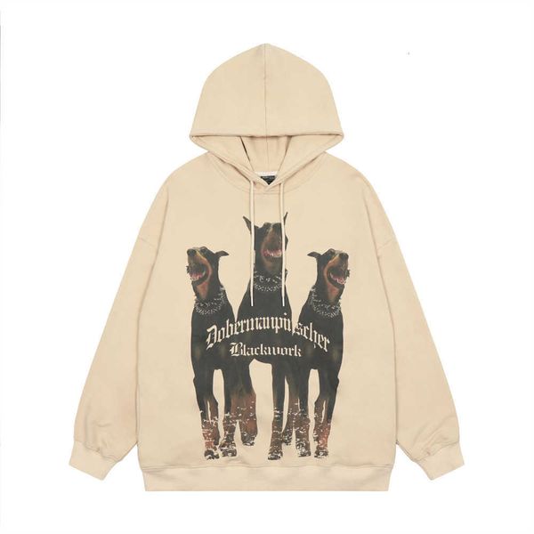 

trendy american hound print hoodie for men's ins hip-hop loose animal dog casual pullover, Black
