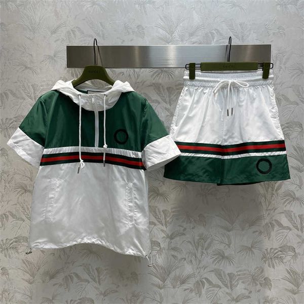 

womens print two piece set sports suit campus wind red and green color blocking short-sleeved hoodie elastic band sports shorts 2 color casu, White
