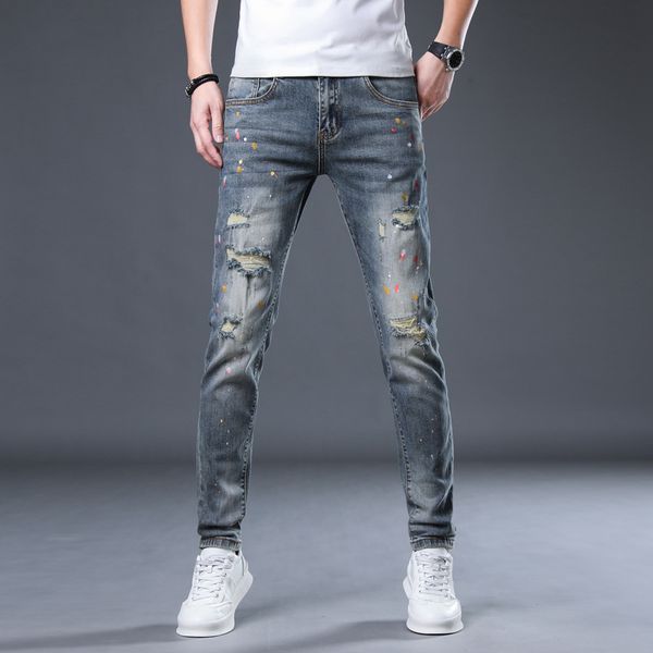 

luxury designer mens jeans high-end color kitten print jeans men 2023 summer new slim-fit small feet stretch pants, Blue