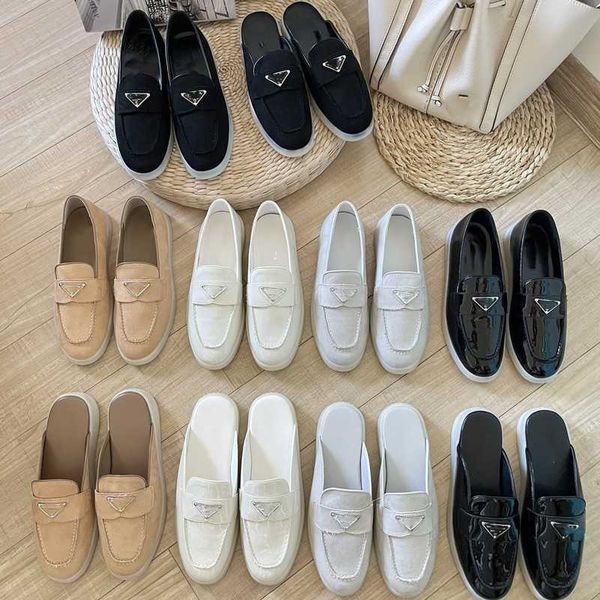 

35-44 couples dress shoes triangle buckle embellished suede leather loafers half mules moccasin p casual slip on flats slides luxury designe, Black