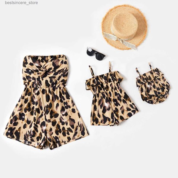 

family matching outfits parent-child clothes mother and daughter wear leopard print suspender jumpsuit infant baby girl romper l230522, Blue