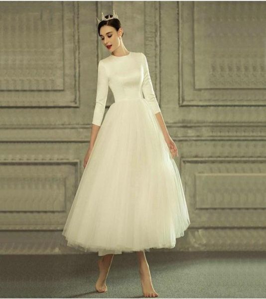 

vintage 50s tutu wedding dress 34 sleeves fancy tulle tea length short bridal gowns vestido de noiva customize plus size 20208117776, White