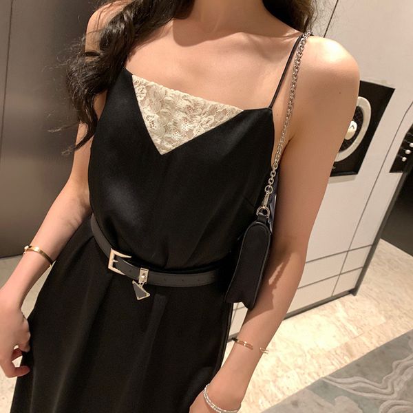

lace dress ladies belt designer dresses summer sling long skirts party banquet elegant dress brand silk dress, Black