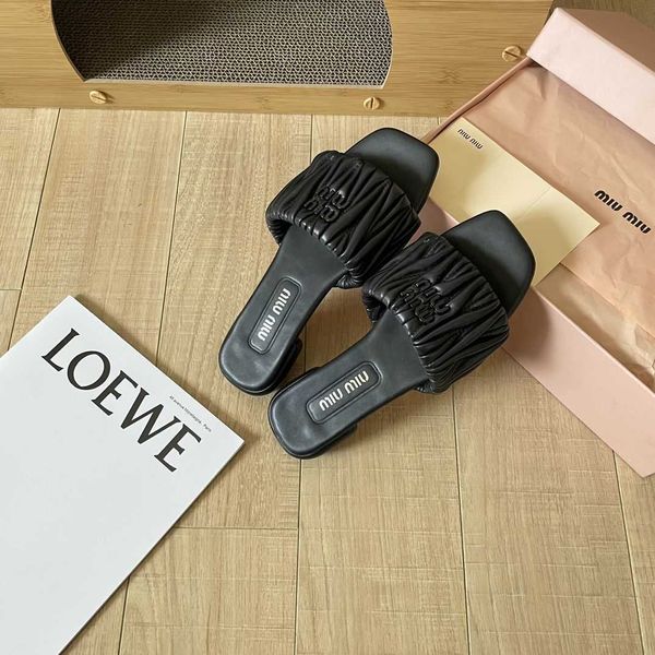 

high mius designer beach shoes sandals women slide new family flat bottomed wearing line square open toe pleated sheepskin slippers for tbr3