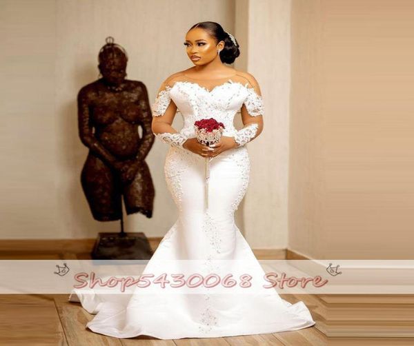 

2022 aso ebi mermaid wedding dresses with sheer neck illusion long sleeves bridal dress lace appliques pearls vestido de noiva c045216049, White
