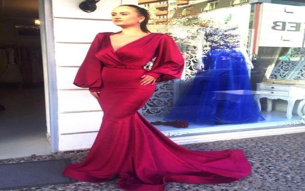 

long sleeves elegant evening dresses mermaid with sash v neck zipper back mermaid prom party formal gowns4375342, Black;red
