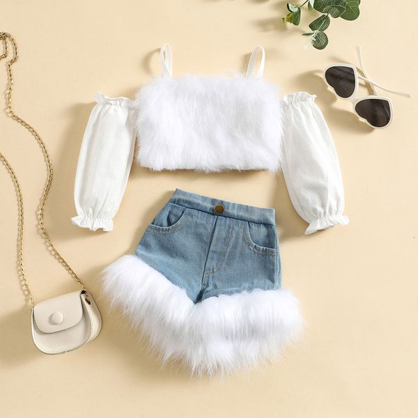 

clothing sets 0 4y kids girls autumn clothes set baby off shoulder long sleeve plush fur trim denim short pants toddler fashion outfits 230, White