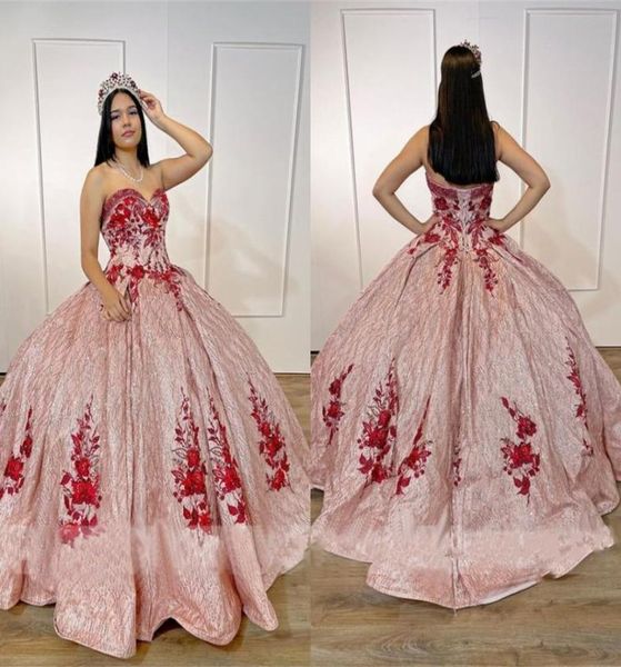 

glitter sequins tulle rose pink prom quinceanera dresses red floral applique beading strapless corset back princess sweet 16 dress5376580, Black