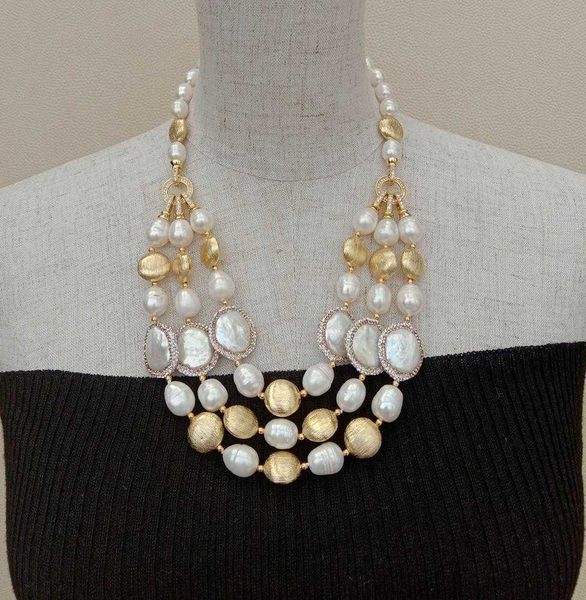 

beaded necklaces yygem 3 strandscultured white rice freshwater pearl coin brushed gold plated beads choker necklace 230613, Silver