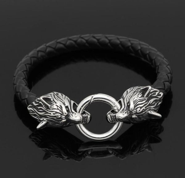 

bangle men 316l stainless steel leather norse viking wolf bracelet 21 23 25 cm 2211094793820, Black