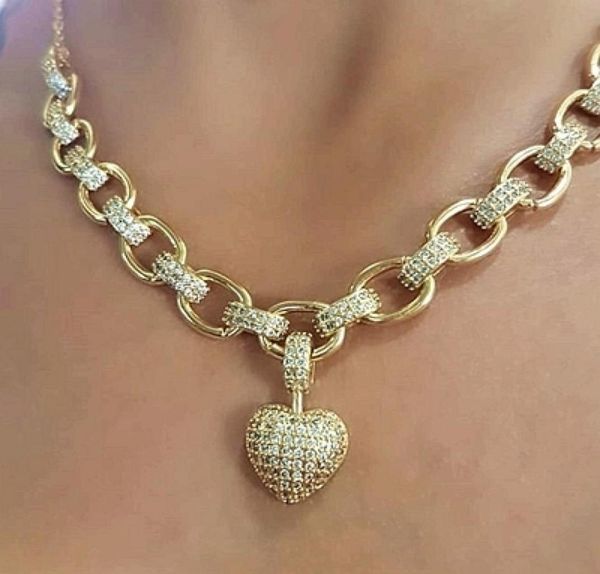 

chokers luxury full cubic zirconia heart shape pendant necklace for women gold color chain sparking fine jewelry 22115419822, Golden;silver