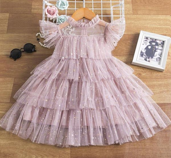 

sweet girls star sequins gauze dresses summer kids lace falbala fly sleeve tiered tulle cake dress children princess clothings a722838698, Red;yellow