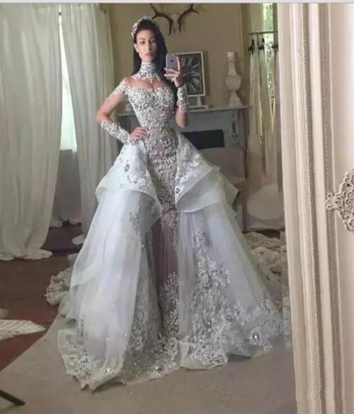 

luxury high neck illusion long sleeve sheer neck ball gown prom dresses overskirt tiered lace applique beaded vestido de novi8700789, Black